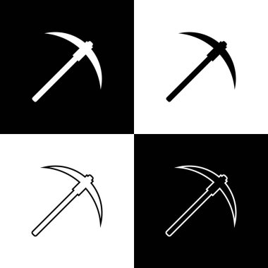 Siyah ve beyaz arka planda Pickaxe simgeleri ayarlayın. Blockchain teknolojisi, cryptocurrency madencilik, Bitcoin, dijital para piyasası, kripoin cüzdan. Çizgi, anahat ve doğrusal simge. Vektör Illustration