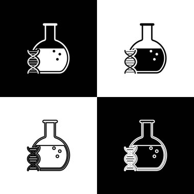 Ayarlamak DNA araştırma, arama simgeleri siyah ve beyaz arka planda izole. Genetik Mühendisliği, genetik testler, klonlama, babalık testi. Çizgi, anahat ve doğrusal simge. Vektör Illustration