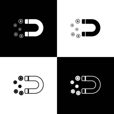 Siyah ve beyaz arka planda para simgeleri ile Magnet ayarlayın. Yatırımlar, para çekme kavramı. Büyük iş kâr cazibe ve başarı. Çizgi, anahat ve doğrusal simge. Vektör Illustration