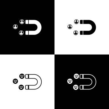 Siyah ve beyaz arka planda izole müşteri çekme simgesini ayarlayın. Müşteri tutma, destek ve hizmet. Müşteri insanlar mıknatıs ile çekiyor. Çizgi, anahat ve doğrusal simge. Vektör Illustration