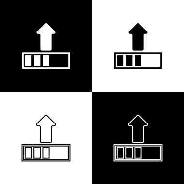 Siyah ve beyaz arka planda yalıtılmış yükleme simgeleri ayarlayın. Karşıya yükleme devam ediyor. İlerleme çubuğu simgesi. Çizgi, anahat ve doğrusal simge. Vektör Illustration