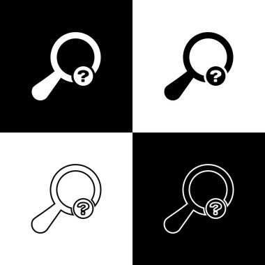 Siyah ve beyaz arka planda yalıtılmış bilinmeyen arama simgeleri ayarlayın. Büyüteç cam ve soru işareti. Çizgi, anahat ve doğrusal simge. Vektör Illustration