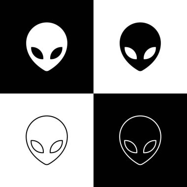 Siyah ve beyaz arka plan üzerinde izole Alien simgeleri ayarlayın. Dünya dışı uzaylı yüzü veya kafa sembolü. Çizgi, anahat ve doğrusal simge. Vektör Illustration