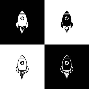Siyah ve beyaz arka planda izole yangın simgeleri ile roket gemisi ayarlayın. Uzay yolculuğu. Çizgi, anahat ve doğrusal simge. Vektör Illustration