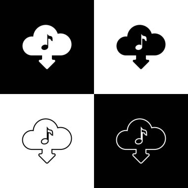 Siyah ve beyaz arka planda yalıtılmış bulut indirme müzik simgeleri ayarlayın. Müzik akışı hizmeti, ses bulut bilgi işlem, çevrimiçi medya akışı. Çizgi, anahat ve doğrusal simge. Vektör Illustration