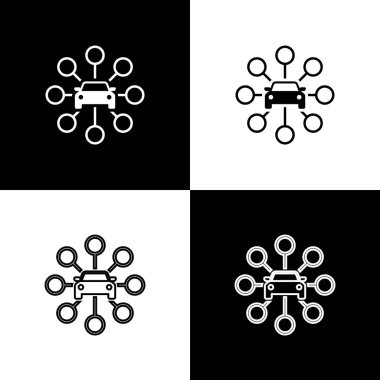 Siyah ve beyaz arka planda izole araç paylaşım simgeleri ayarlayın. Carsharing işareti. Taşımacılık kiralama hizmeti konsepti. Çizgi, anahat ve doğrusal simge. Vektör Illustration