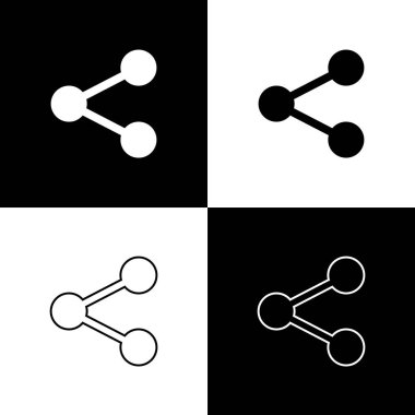 Siyah beyaz arka planda izole Paylaşım simgeleri ayarlayın. Paylaş, paylaşma, iletişim piktogram, sosyal medya, bağlantı, ağ, dağıtma işareti. Çizgi, anahat ve doğrusal. Vektör Illustration