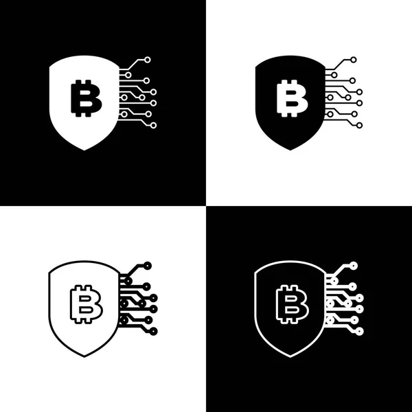 Schild mit Bitcoin-Symbolen auf schwarzem und weißem Hintergrund setzen. Kryptowährungsabbau, Blockchain-Technologie, Bitcoin, Sicherheit, Schutz, digitales Geld. Linie, Umriss und lineares Symbol. Vektorillustration — Stockvektor