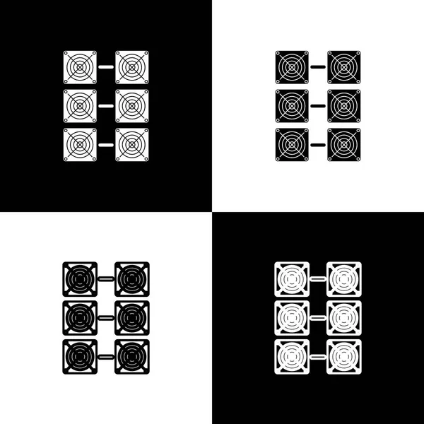 Imposta le icone della fattoria mineraria su sfondo bianco e nero. Cryptocurrency mining, blockchain tecnologia, bitcoin, mercato monetario digitale, cryptocoin portafoglio. Linea, contorno e icona lineare. Illustrazione vettoriale — Vettoriale Stock