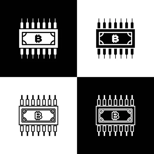 Establecer concepto de criptomoneda bitcoin en círculo con iconos de circuito de microchip sobre fondo blanco y negro. Tecnología blockchain, mercado de dinero digital. Línea, contorno e icono lineal. Ilustración vectorial — Vector de stock