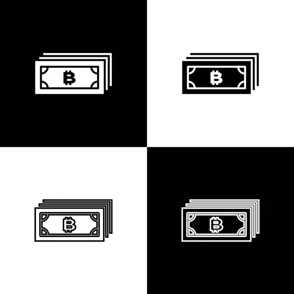 Establecer concepto de criptomoneda bitcoin en círculo con iconos de circuito de microchip sobre fondo blanco y negro. Tecnología blockchain, mercado de dinero digital. Línea, contorno e icono lineal. Ilustración vectorial — Vector de stock