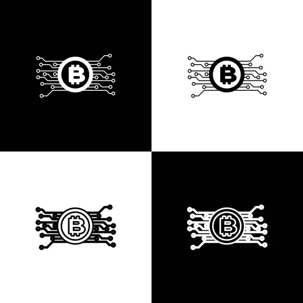 Establecer concepto de criptomoneda bitcoin en círculo con iconos de circuito de microchip sobre fondo blanco y negro. Tecnología blockchain, mercado de dinero digital. Línea, contorno e icono lineal. Ilustración vectorial — Vector de stock