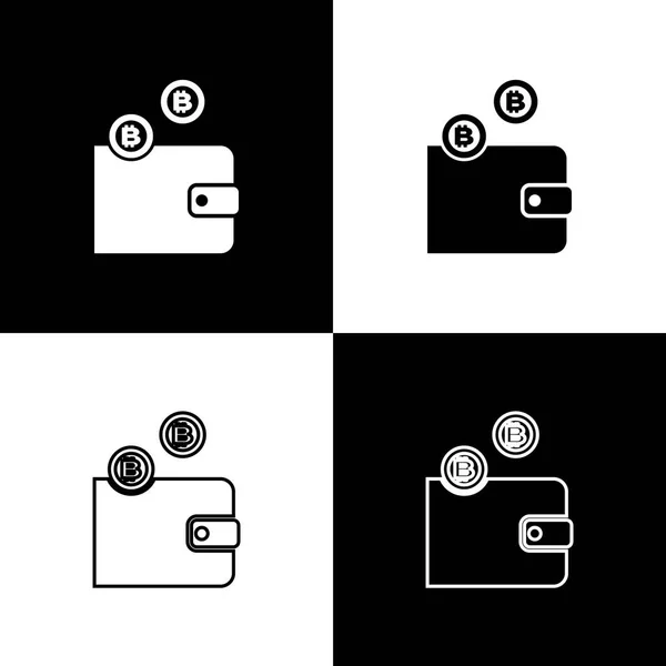 Stel Cryptocurrency portemonnee pictogrammen op zwart-wit achtergrond. Portemonnee en bitcoin teken. Mining concept. Geld, betaling, contant geld, pay icon. Lijn, contour en lineair icoon. Vector illustratie — Stockvector