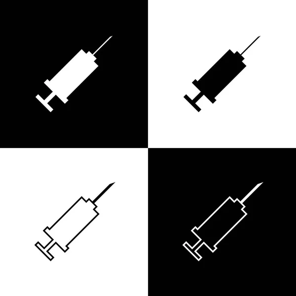 Set Syringe icons isolated on black and white background. Syringe for vaccine, vaccination, injection, flu shot. Medical equipment. Line, outline and linear icon. Vector Illustration — Stock Vector