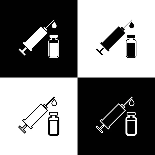 Set Jeringa médica con agujas e iconos de vial o ampolla aislados sobre fondo blanco y negro. Vacunación, inyección, vacuna, concepto de insulina. Línea, contorno e icono lineal. Ilustración vectorial — Archivo Imágenes Vectoriales