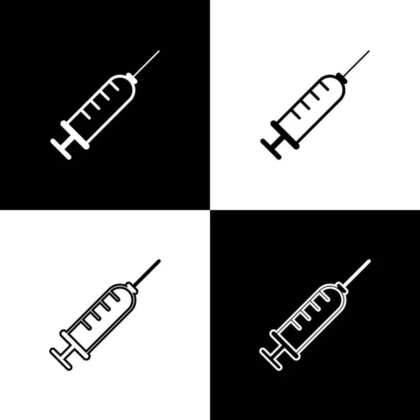 Nastavit ikony stříkačky na černobílém pozadí. Stříkačka na vakcínu, očkování, injekci, chřipku. Lékařské vybavení. Ikona spojnicového, obrysového a lineárního. Vektorová ilustrace — Stockový vektor