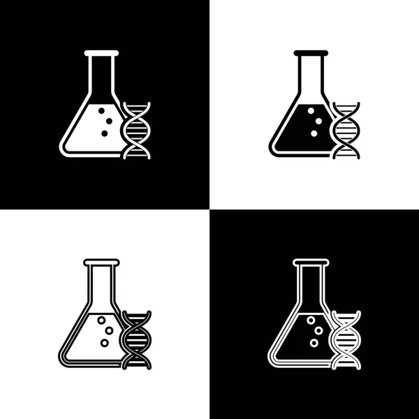 설정 Dna 연구, 검은 색과 흰색 배경에 고립 된 검색 아이콘. 유전 공학, 유전학 테스트, 복제, 친자 확인 검사. 선, 개요 및 선형 아이콘입니다. 벡터 일러스트 — 스톡 벡터