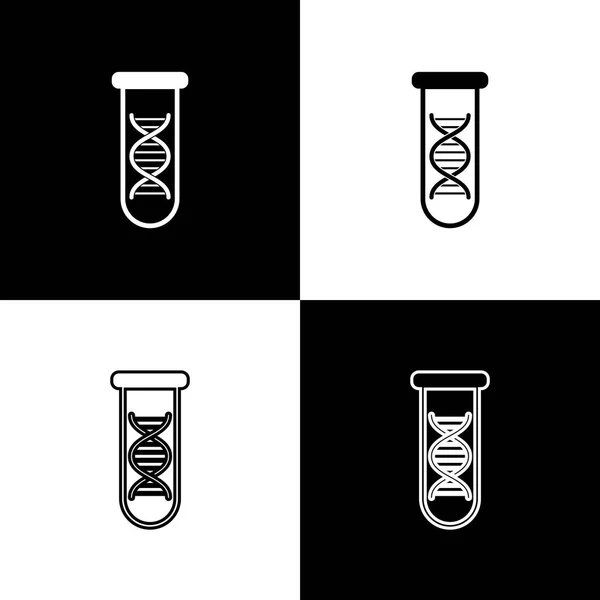 Definir pesquisa de DNA, ícones de pesquisa isolados em fundo preto e branco. Engenharia genética, testes genéticos, clonagem, testes de paternidade. Linha, contorno e ícone linear. Ilustração vetorial —  Vetores de Stock