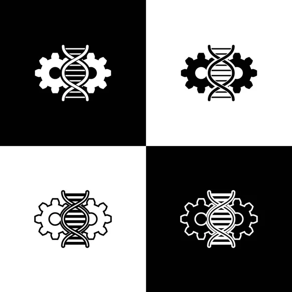 Nastaví ikony pro úpravy genů izolované na černém a bílém pozadí. Genetické inženýrství. Hledání DNA, výzkum. Ikona spojnicového, obrysového a lineárního. Vektorová ilustrace — Stockový vektor
