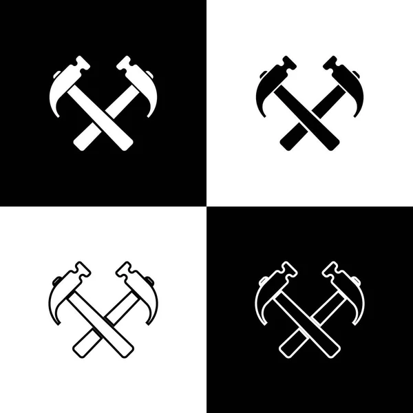 Conjunto Dois martelos cruzados ícones isolados em fundo preto e branco. Ferramenta para reparo. Linha, contorno e ícone linear. Ilustração vetorial —  Vetores de Stock