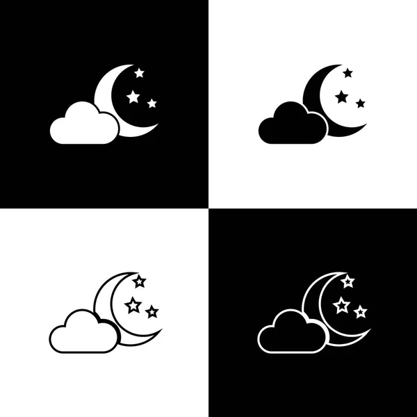 Set Cloud with moon and stars icons isolated on black and white background. Cloudy night sign. Sleep dreams symbol. Night or bed time sign. Line, outline and linear icon. Vector Illustration — Stock Vector