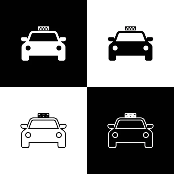 Imposta icone auto taxi isolate su sfondo bianco e nero. Linea, contorno e icona lineare. Illustrazione vettoriale — Vettoriale Stock