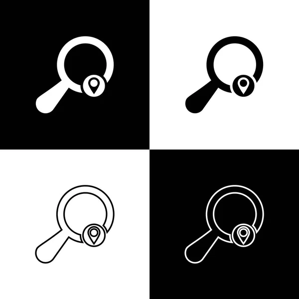 Establecer iconos de ubicación de búsqueda aislados sobre fondo blanco y negro. Lupa con signo de puntero. Línea, contorno e icono lineal. Ilustración vectorial — Vector de stock