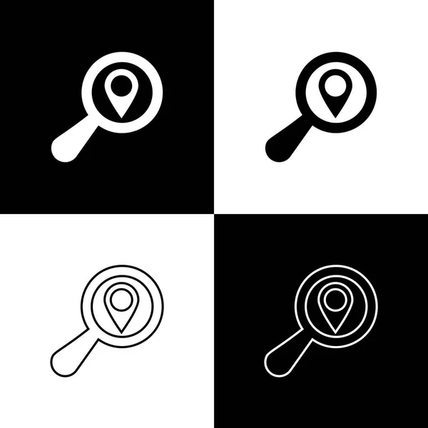 Suchergebnissymbole isoliert auf schwarzem und weißem Hintergrund setzen. Lupe mit Zeiger. Linie, Umriss und lineares Symbol. Vektorillustration — Stockvektor