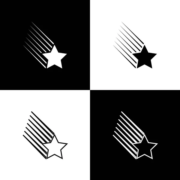 Sternschnuppen-Ikonen isoliert auf schwarzem und weißem Hintergrund. Sternschnuppe mit Sternschnuppe. Meteoroid, Meteorit, Komet, Asteroid, Sternsymbol. Linie, Umriss und lineares Symbol. Vektorillustration — Stockvektor