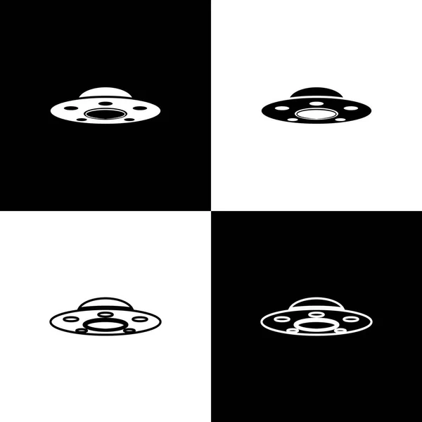 Imposta icone di astronavi volanti UFO isolate su sfondo bianco e nero. Piattino volante. Nave spaziale aliena. Futuristico oggetto volante sconosciuto. Linea, contorno e icona lineare. Illustrazione vettoriale — Vettoriale Stock