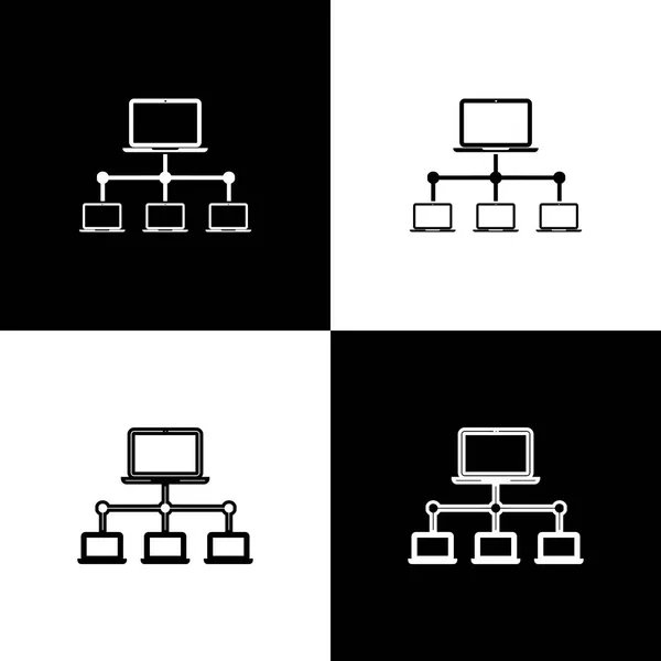 Definir ícones de rede de computador isolados em fundo preto e branco. Rede de portáteis. Ligação à Internet. Linha, contorno e ícone linear. Ilustração vetorial — Vetor de Stock