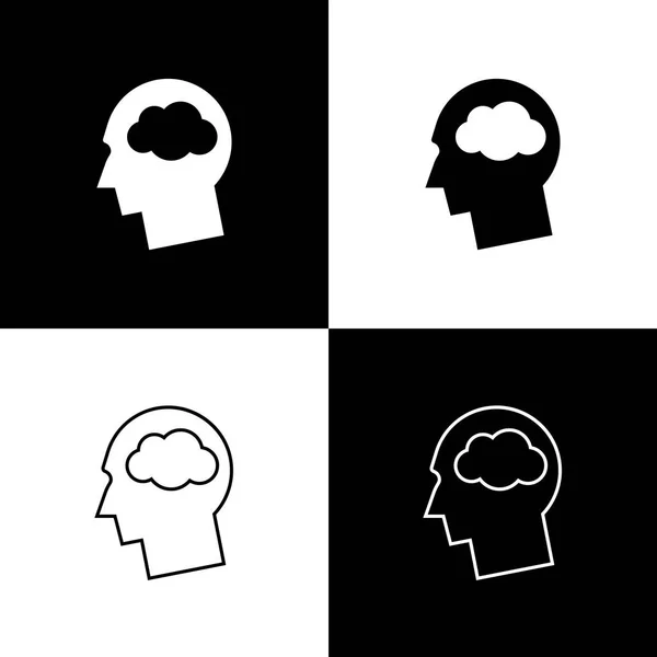 Set Silueta Head con iconos de nube aislados sobre fondo blanco y negro. Signo de ensueño. Línea, contorno e icono lineal. Ilustración vectorial — Vector de stock