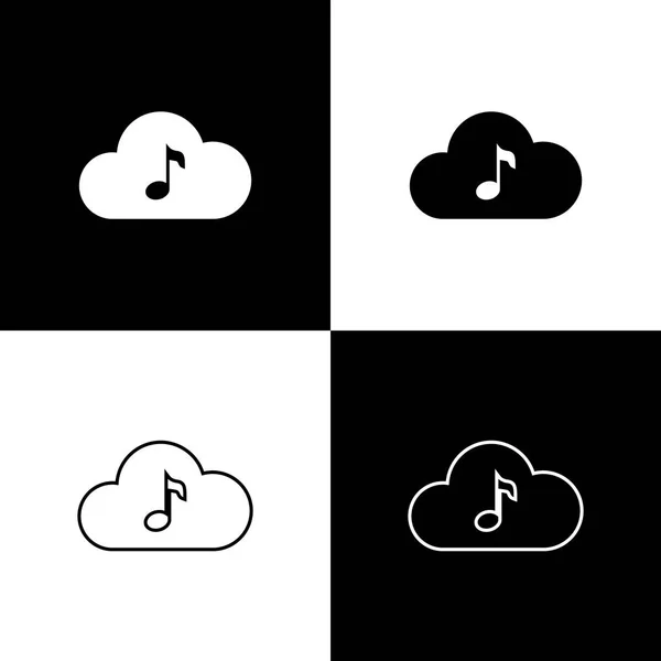 Définir l'icône du service de streaming de musique icône isolée sur fond noir et blanc. Cloud Computing sonore, streaming multimédia en ligne, chanson en ligne, onde audio. Ligne, contour et icône linéaire. Illustration vectorielle — Image vectorielle