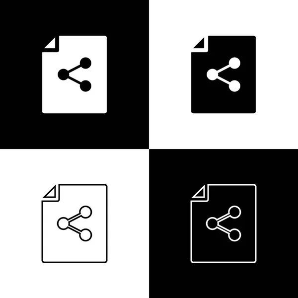 Setzen Share-File-Icons isoliert auf schwarzem und weißem Hintergrund. Filesharing. Dateiübertragungszeichen. Linie, Umriss und lineares Symbol. Vektorillustration — Stockvektor