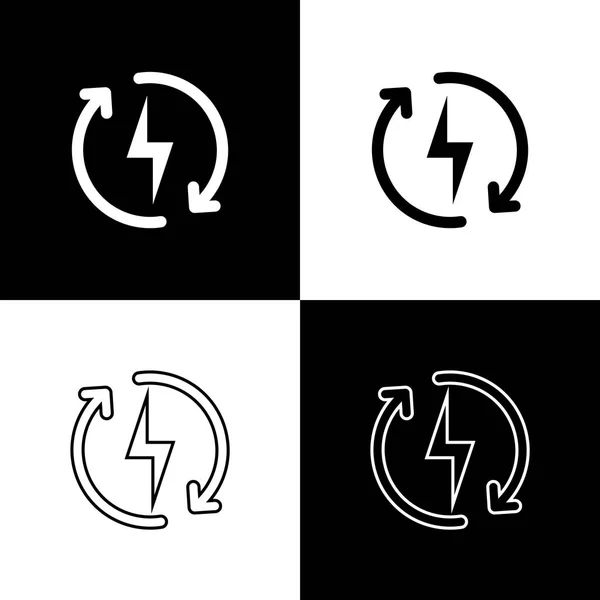 Set Iconos de recarga aislados sobre fondo blanco y negro. Señal de energía eléctrica. Línea, contorno e icono lineal. Ilustración vectorial — Archivo Imágenes Vectoriales