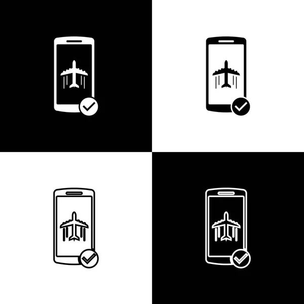 Definir modo de voo nos ícones do telefone móvel em fundo preto e branco. Avião ou avião voo off-line modo de regulação de passageiros companhia aérea. Linha, contorno e ícone linear. Ilustração vetorial —  Vetores de Stock