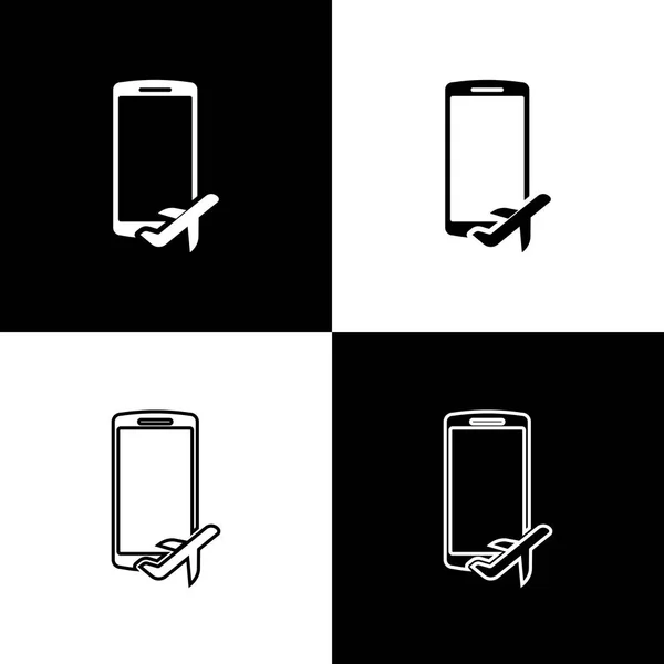 흑백 배경의 휴대 전화 아이콘에서 비행 모드를 설정 합니다. 비행기 또는 비행기 비행 오프 라인 모드 여객 규제 항공사. 선, 개요 및 선형 아이콘입니다. 벡터 일러스트 — 스톡 벡터