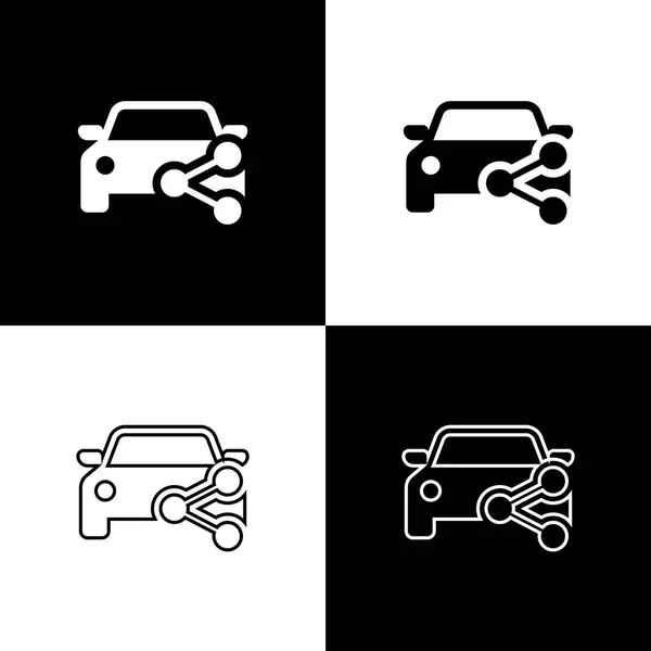 Establecer iconos para compartir coches aislados sobre fondo blanco y negro. Carsharing signo. Transporte alquiler concepto de servicio. Línea, contorno e icono lineal. Ilustración vectorial — Vector de stock