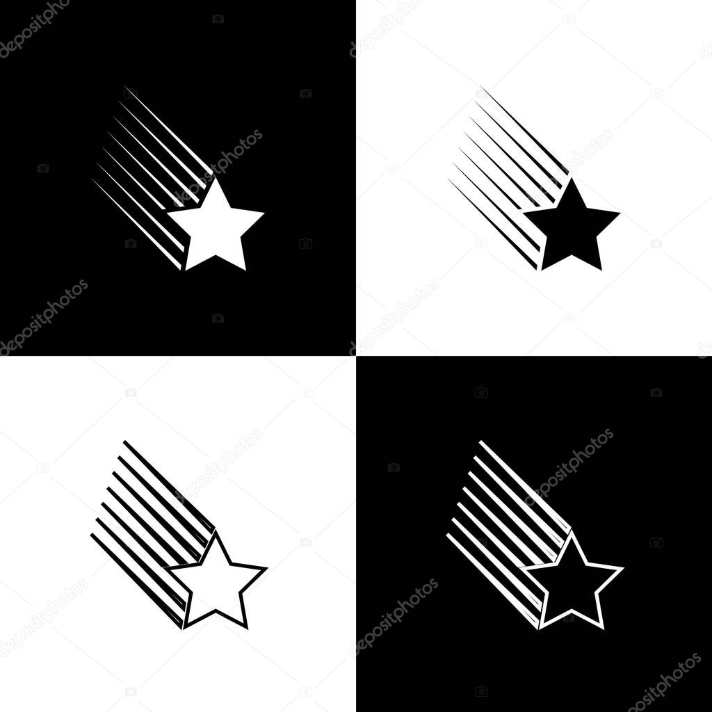 Set Falling star icons isolated on black and white background. Shooting star with star trail. Meteoroid, meteorite, comet, asteroid, star icon. Line, outline and linear icon. Vector Illustration