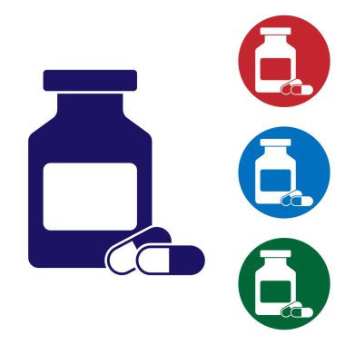 Mavi Tıp şişe ve hap simgesi beyaz arka plan üzerinde izole. Şişe hapı işareti. Eczane tasarımı. Renk simgesini daire düğmelerinde ayarlayın. Vektör İllüstrasyonu