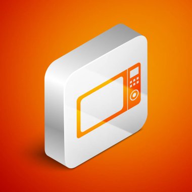 Turuncu arka planda izole edilmiş İzometrik Mikrodalga fırın simgesi. Ev aletleri simgesi. Gümüş kare düğme. Vektör İllüstrasyonu