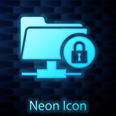 Parlayan neon Ftp klasörü ve kilit simgesi tuğla duvar arka planda izole. Yazılım güncelleme kavramı, ftp transfer protokolü. Güvenlik, güvenlik, koruma konsepti. Vektör İllüstrasyonu