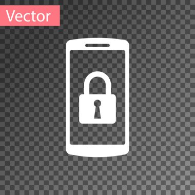 Şeffaf arka planda izole kapalı asma kilit simgesi ile beyaz smartphone. Kilidi olan telefon. Mobil güvenlik, güvenlik, koruma konsepti. Vektör Illustration