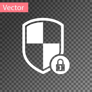 Beyaz Kalkan güvenliği, saydam arka planda kilit simgesi izole edildi. Koruma, güvenlik, şifre güvenliği. Güvenlik duvarı gizlilik levhası. Vektör İllüstrasyonu
