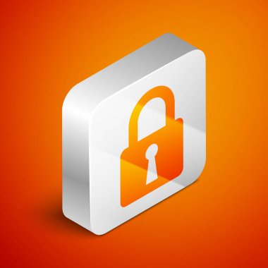 Turuncu arka planda yalıtılmış İzometrik Kilit simgesi. Kapalı asma kilit işareti. Siber güvenlik konsepti. Dijital veri koruması. Güvenlik güvenliği. Gümüş kare düğme. Vektör İllüstrasyonu