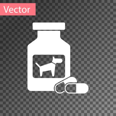 Beyaz Köpek ilaç şişesi ve saydam arka planda izole edilmiş ilaç ikonu. İçinde haplar olan konteynır. Hayvan için reçeteli ilaç. Vektör İllüstrasyonu
