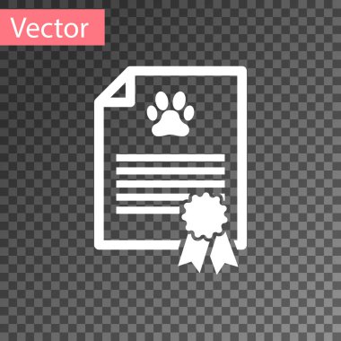 Şeffaf arka planda izole köpek veya kedi simgesi ile seyahat için beyaz tıbbi sertifika. Pet için belge. Köpek veya kedi pençe baskı. Vektör Illustration