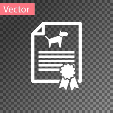 Şeffaf arka planda izole köpek veya kedi simgesi ile seyahat için beyaz tıbbi sertifika. Pet için belge. Köpek veya kedi pençe baskı. Vektör Illustration