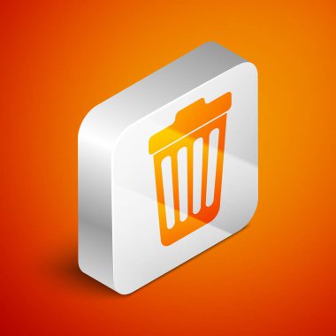 İzometrik Çöp kutusu turuncu arka planda yalıtılmış olabilir. Çöp kutusu tabelası. Gümüş kare düğme. Vektör İllüstrasyonu