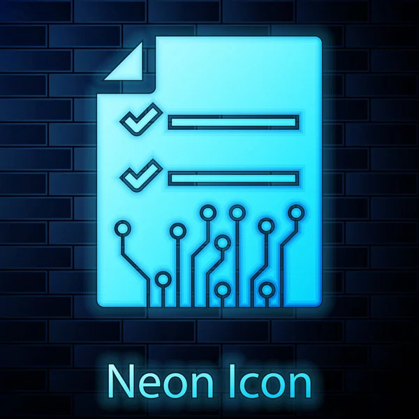 Glödande Neon Smart kontrakt ikon isolerad på tegelvägg bakgrund. Blockchain-teknik, kryptovaluta gruvdrift, Bitcoin, altcoins, digitala penningmarknaden. Vektor illustration — Stock vektor